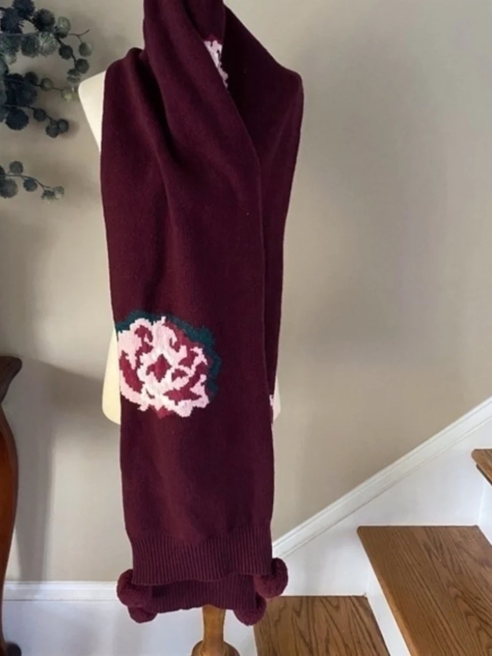 Anthropologie Wine Burgundy Knit Flower Embroidered Pom Scarf - Picture 7 of 7